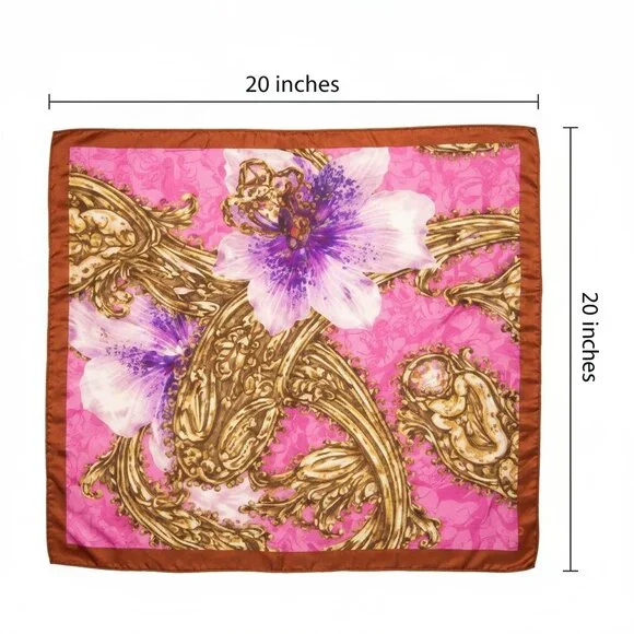 Pink Floral Satin Scarf 20x20 Women's Hair Tie Neck Wrist Wrap - Picture 3 of 10